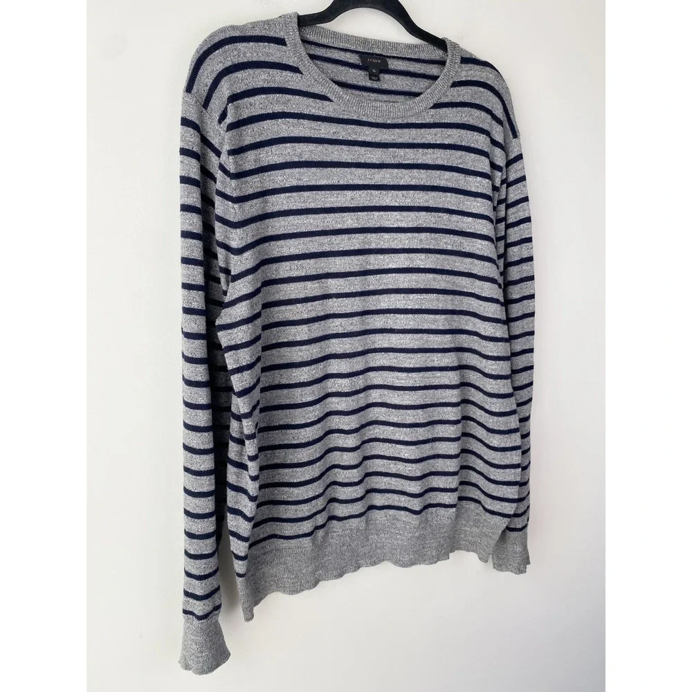J Crew Mens‎ Rugged Striped Crewneck Sweater XL Pewter Gray Cotton Blokecore 90s